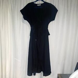 LJC Designs Women’s XS Black Wrap Midi Dress 100% Linen V-Neck Short Sleeve